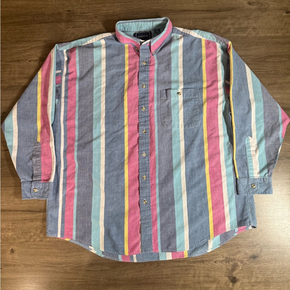 Vintage Cordova Men’s Long Sleeve Button Down Large Block Stripe Shirt 2XBig